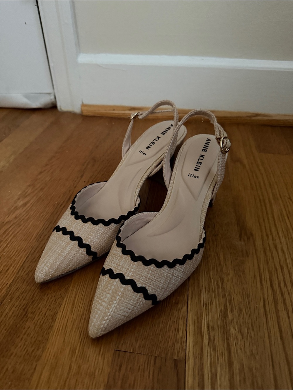 Anne Klein Beige and Black Raffia Pointed Slingback Heels
